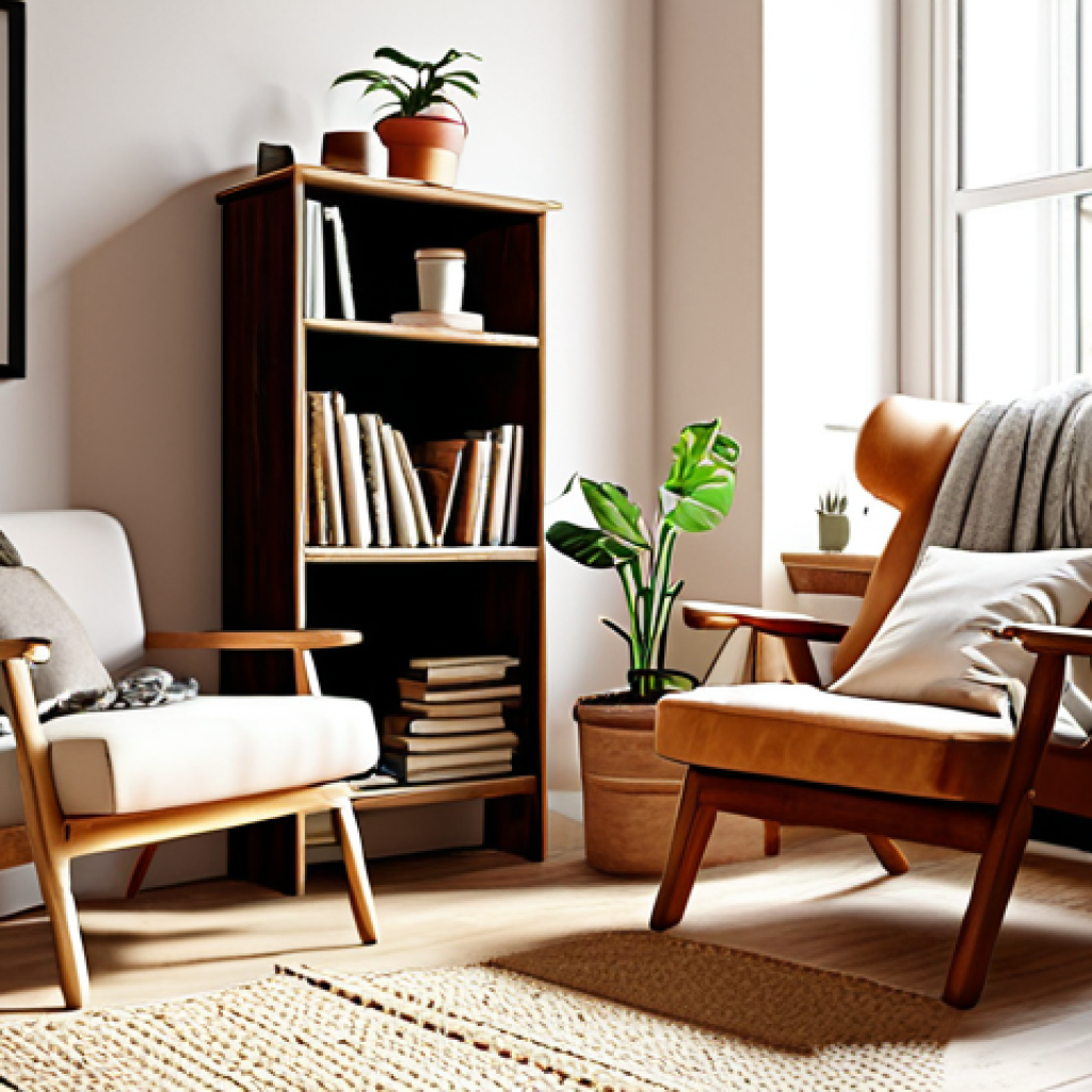 **

*   **Prompt:** A cozy reading nook in a sunlit room decorated in a Scandinavian style. There's a comfortable armchair with soft cushions, a warm blanket, and a small wooden bookshelf filled with books. A small potted plant sits on a nearby table. Soft, warm white lighting enhances the relaxing atmosphere.

**